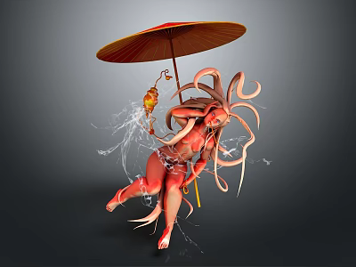 Red Woman With Long Flowing Hair Holding Red Umbrella And Hanging Lantern Amid Splashing Water 3d model
