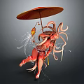 Red Woman With Long Flowing Hair Holding Red Umbrella And Hanging Lantern Amid Splashing Water 3d model