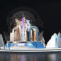Christmas Photo Check In Spot with Giant Snow Globe Blue Steps and Decorated Christmas Trees