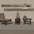 Minimalist Wicker Leisure Chair With Wooden Stool Ceramic Vase And Area Rug In Interior Space
