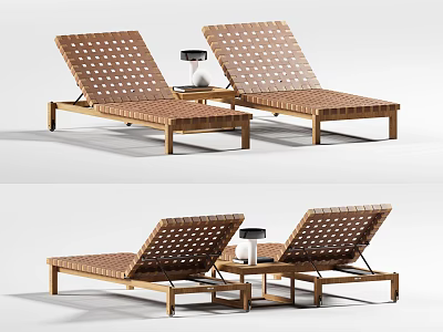 Two Woven Lounge Chairs With Wooden Frame And Side Table Lamp 3d model