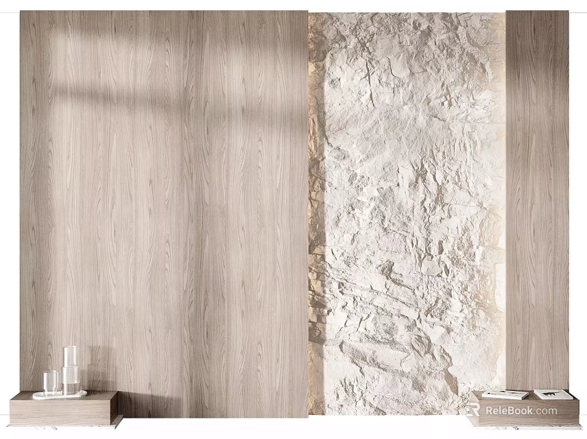 Modern TV Background Wall With Left Right Wooden Panels And Central Textured Stone 3d model 