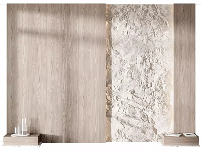 Modern TV Background Wall With Left Right Wooden Panels And Central Textured Stone 3d model