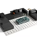 Modern Black Modular Sofa and Unique Textured Coffee Table Set on Checkered Rug 3d model