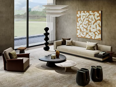 Modern Sofa and Coffee Table Set With Beige Cushions Area Rug Decorative Painting and Armchair 3d model
