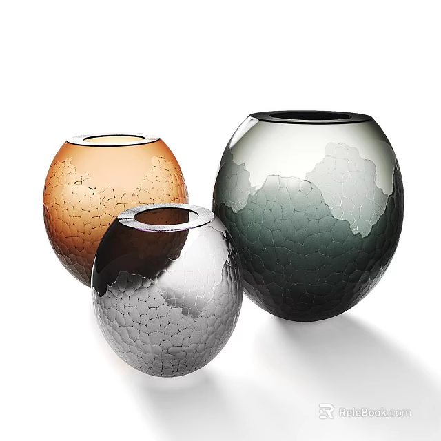 Elegant Ceramic Vases with Orange Silver Gray Dark Colors and Cracked Textured Patterns 3d model 