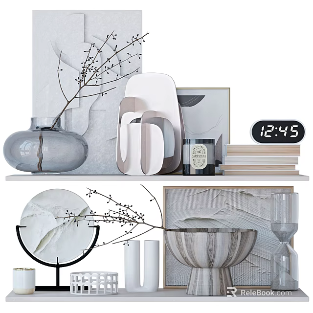 Decorative Ornament Set With Glass Vase Geometric Sculptures Stacked Books Table Clock And Bowl 3d model 