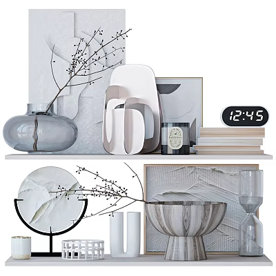 Decorative Ornament Set With Glass Vase Geometric Sculptures Stacked Books Table Clock And Bowl 3d model