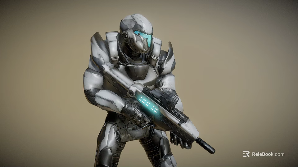 Futuristic Sci Fi Weapon With Blue Glowing Parts Held by Silver Black Armored Warrior 3d model 