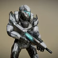 Futuristic Sci Fi Weapon With Blue Glowing Parts Held by Silver Black Armored Warrior