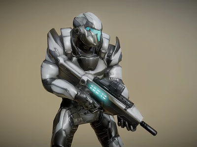 Futuristic Sci Fi Weapon With Blue Glowing Parts Held by Silver Black Armored Warrior 3d model