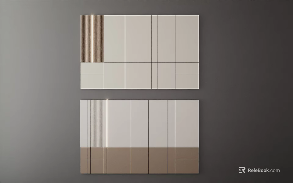 Modern Background Wall Design With White Brown Segmented Panels And Linear Accents 3d model