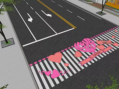 Colorful Plaza Paving with Pink Heart Patterns Zebra Crossing and Love Theme Elements Urban Street 3d model