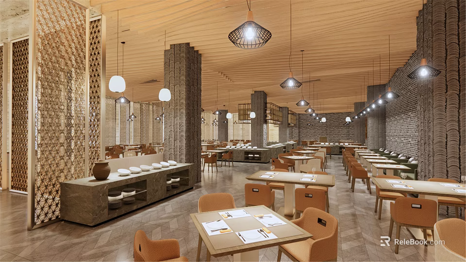 Elegant Restaurant Interior Featuring Wooden Ceiling Hanging Lamps Dining Tables And Orange Chairs 3d model 