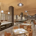 Elegant Restaurant Interior Featuring Wooden Ceiling Hanging Lamps Dining Tables And Orange Chairs