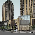 Modern Commercial Building Exterior With Glass Facade Shops Pedestrians And Trees