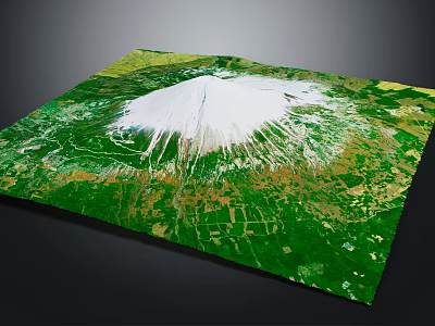 3D Terrain Model Featuring White Volcanic Cone Surrounded by Green Vegetation and Farmland 3d model