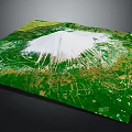 3D Terrain Model Featuring White Volcanic Cone Surrounded by Green Vegetation and Farmland