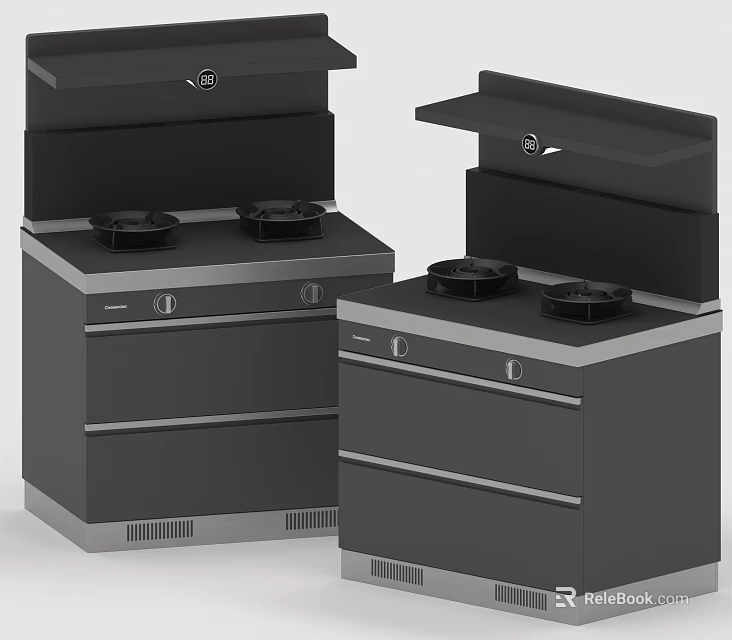 Two Modern Black Kitchen Appliances With Double Burners And Stainless Steel Design 3d model 