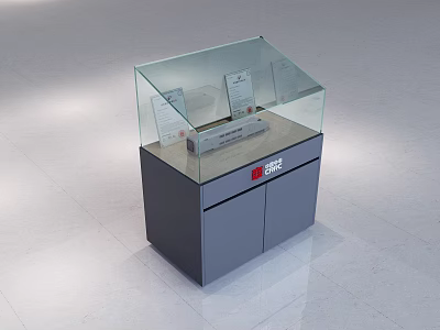 Modern Glass Covered Display Case Featuring Gray Cabinet Red Logo And Items 3d model