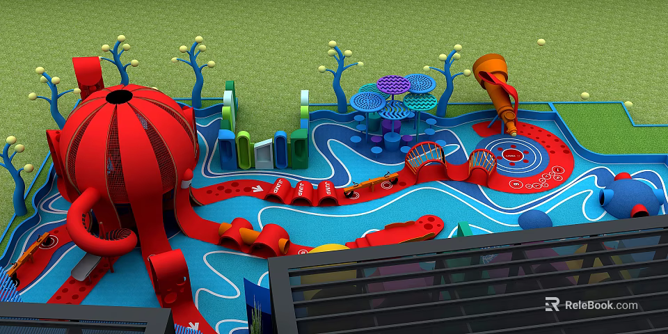 Fun Colorful Kids Play Area With Red Slide Blue Wavy Floor And Climbing Structures 3d model 