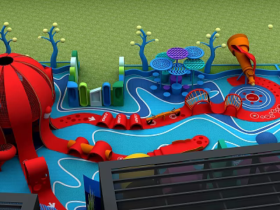Fun Colorful Kids Play Area With Red Slide Blue Wavy Floor And Climbing Structures 3d model
