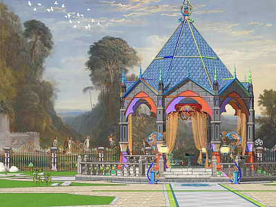 Ornate Gazebo With Blue Pyramid Roof Arched Design And Garden Setting 3d model
