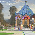 Ornate Gazebo With Blue Pyramid Roof Arched Design And Garden Setting