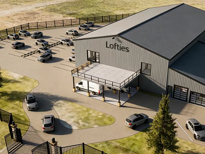 Lofties Cafe Industrial Style Building With Parking Lot And Surrounding Cars And Covered Entrance Design 3d model