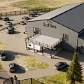 Lofties Cafe Industrial Style Building With Parking Lot And Surrounding Cars And Covered Entrance Design