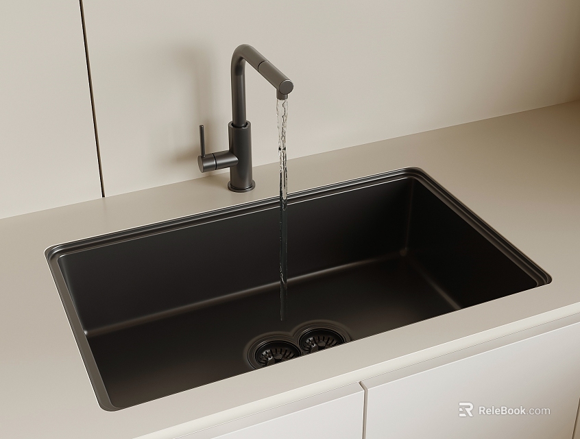 Black Kitchen Sink With Modern Faucet Water Flowing On Light Countertop And White Cabinets 3d model 