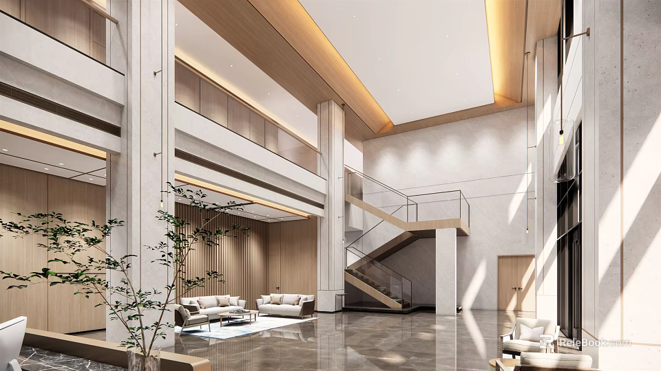 Modern Hotel Lobby Interior Design With High Ceiling Wooden Staircase Green Plant And Sofas 3d model 