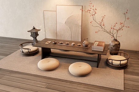 Tatami Tea Table Tea Table and Chair Decorative Painting Vase Ornaments 3d model