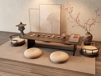 Tatami Tea Table Tea Table and Chair Decorative Painting Vase Ornaments 3d model