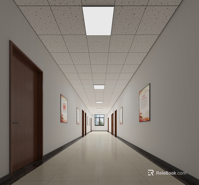 Modern Office Corridor with White Walls Brown Doors Posters Ceiling Lights and Light Colored Flooring 3d model 