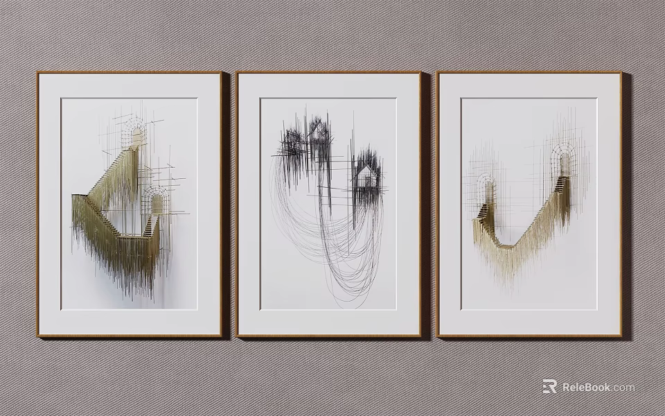 Three Framed Abstract Paintings With Curved Lines And Geometric Patterns 3d model 