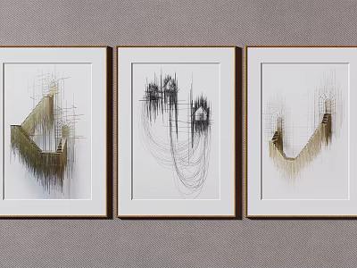Three Framed Abstract Paintings With Curved Lines And Geometric Patterns 3d model