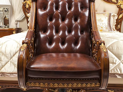 Luxurious Brown Leather Office Chair With Gold Carved Accents Wooden Armrests And Tufted Backrest 3d model