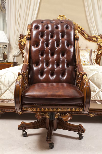 Luxurious Brown Leather Office Chair With Gold Carved Accents Wooden Armrests And Tufted Backrest 3d model