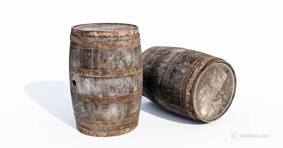 Vintage Wooden Barrel Decorative Ornament Set with Rustic Metal Hoops and Old Wood Finish 3d model 