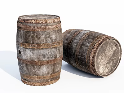 Vintage Wooden Barrel Decorative Ornament Set with Rustic Metal Hoops and Old Wood Finish 3d model