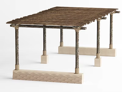 Outdoor Pergola Design With Wooden Top And Stone Base Supporting Columns 3d model