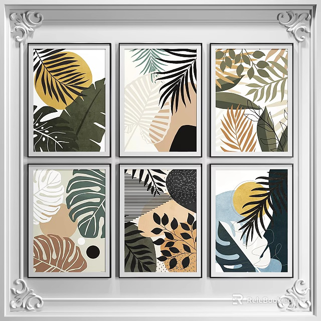 Tropical Leaf Art Prints Framed Modern Wall Decor With Various Patterns 3d model