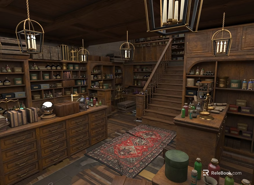 Vintage Bookstore Interior With Wooden Shelves Counters Chandeliers And Staircase Rug 3d model 