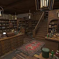 Vintage Bookstore Interior With Wooden Shelves Counters Chandeliers And Staircase Rug