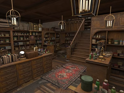 Vintage Bookstore Interior With Wooden Shelves Counters Chandeliers And Staircase Rug 3d model