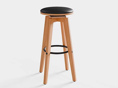 Modern Wooden Bar Stool With Black Leather Seat And Round Footrest For Kitchen Island 3d model
