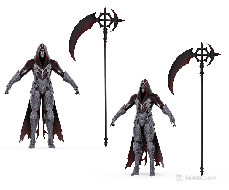Mysterious Game Movie Character Design With Hooded Cloak Scythe And Armored Outfit 3d model 