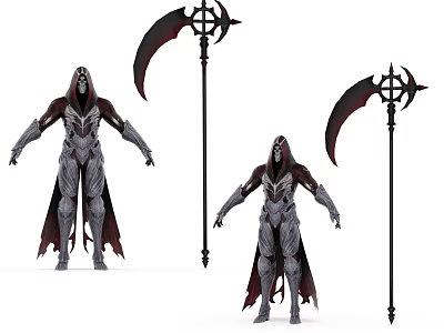 Mysterious Game Movie Character Design With Hooded Cloak Scythe And Armored Outfit 3d model