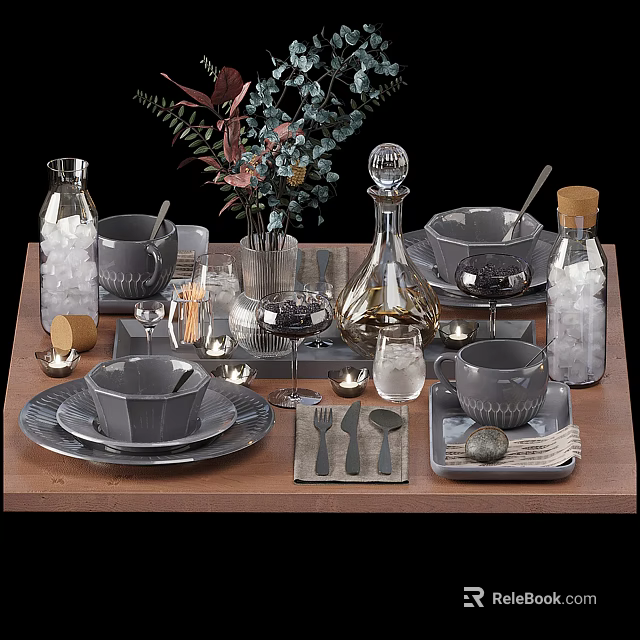 Modern Elegant Dinnerware Set With Gray Ceramic Plates Glassware And Cutlery 3d model 